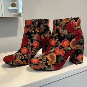 Mia floral embroidered booties, black, red, green & orange floral pattern.